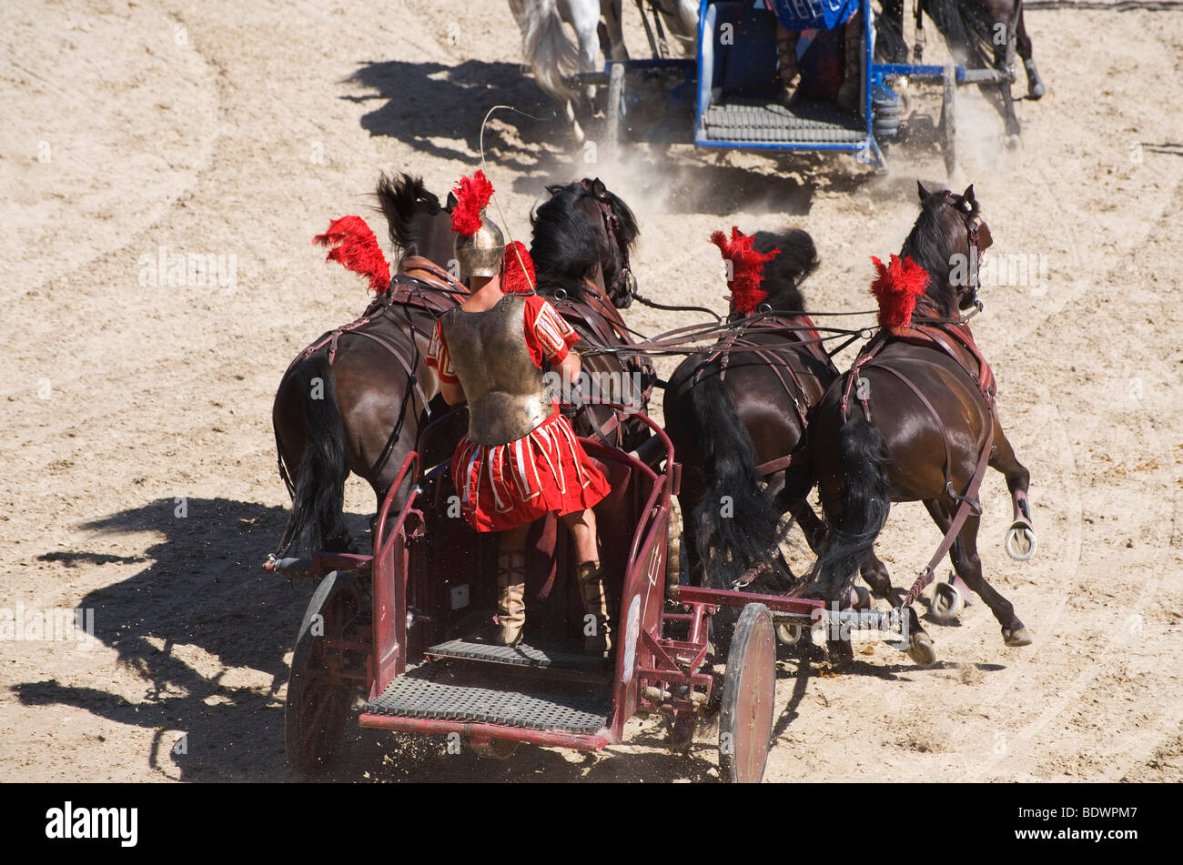 römische Wagenrennen, Puy du Fou, Frankreich Stockfoto