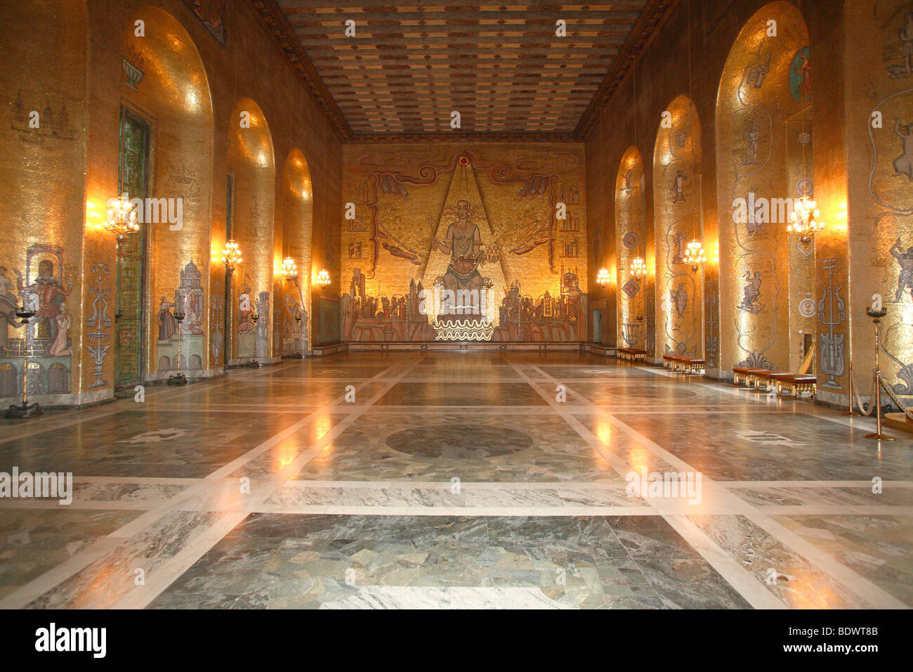 Der goldene Saal mit Glas und Gold Mosaiken, Stadthaus, Stadt Halle, Stockholm, Schweden, Skandinavien, Europa Stockfoto
