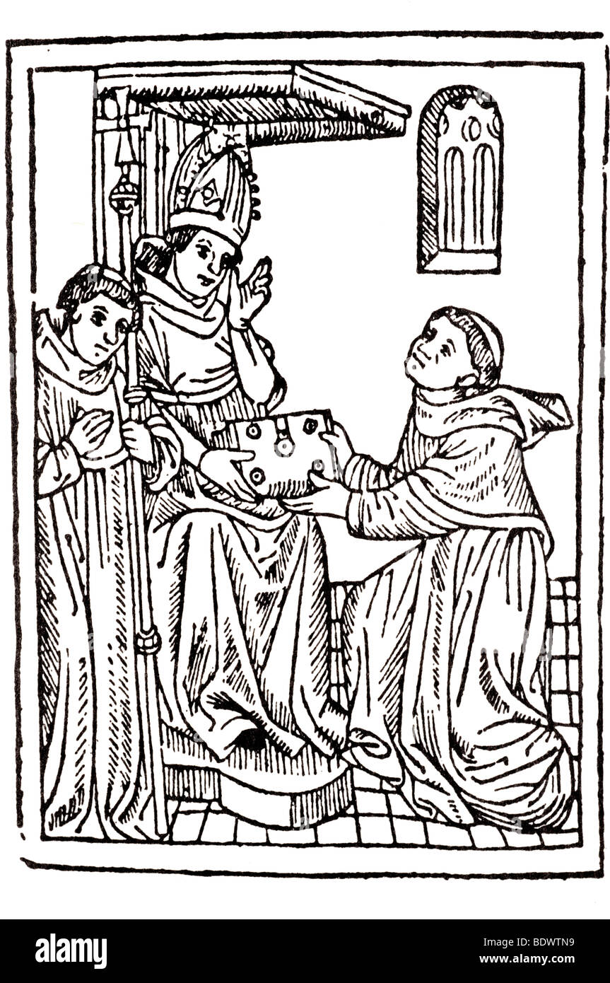 w Caxton 1490 st. Bonaventura Spekulum Vite Cristi ein Mönch mit einem Erzbischöfen Mitarbeiter ein Erzbischofs in einem Mönche Gewohnheit auf Dai sitzend Stockfoto