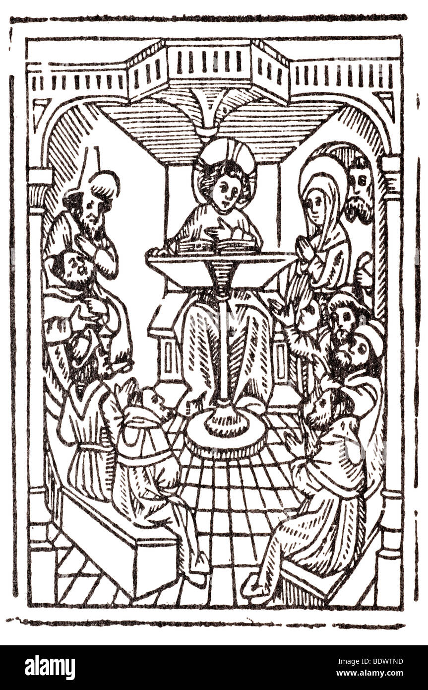 w Caxton 1490 St. Bonaventura Spekulum Vite Cristi der junge Jesus mitten unter den Lehrern vier Ärzte sitzen auf einer Bank mit Blick auf j Stockfoto