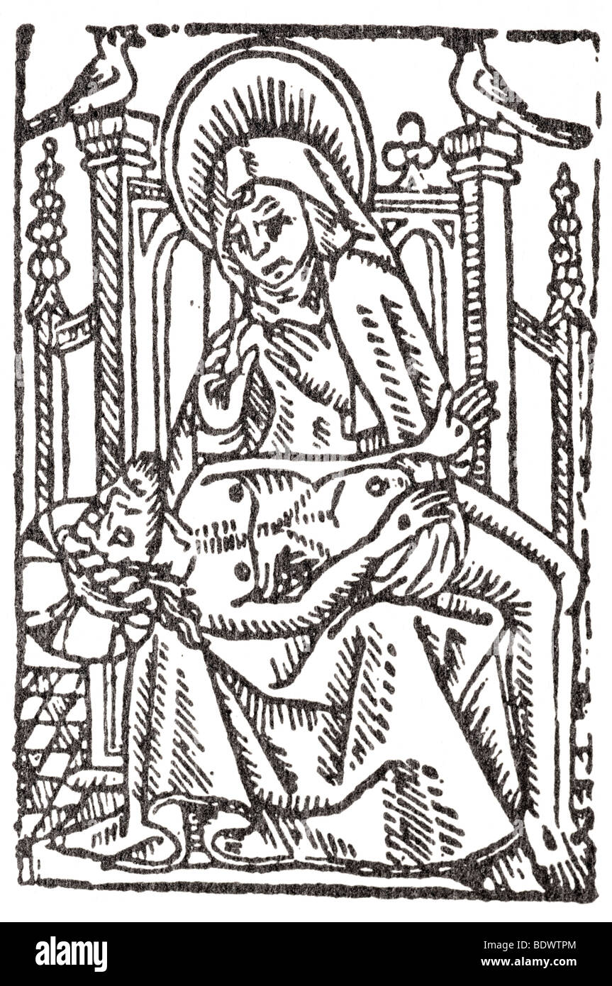 w Caxton 1490 St. Bonaventura Spekulum Vite Cristi Maria im Doppel Nimbus sitzt auf einem Thron weinend den Leichnam Jesu auf dem Schoß Stockfoto