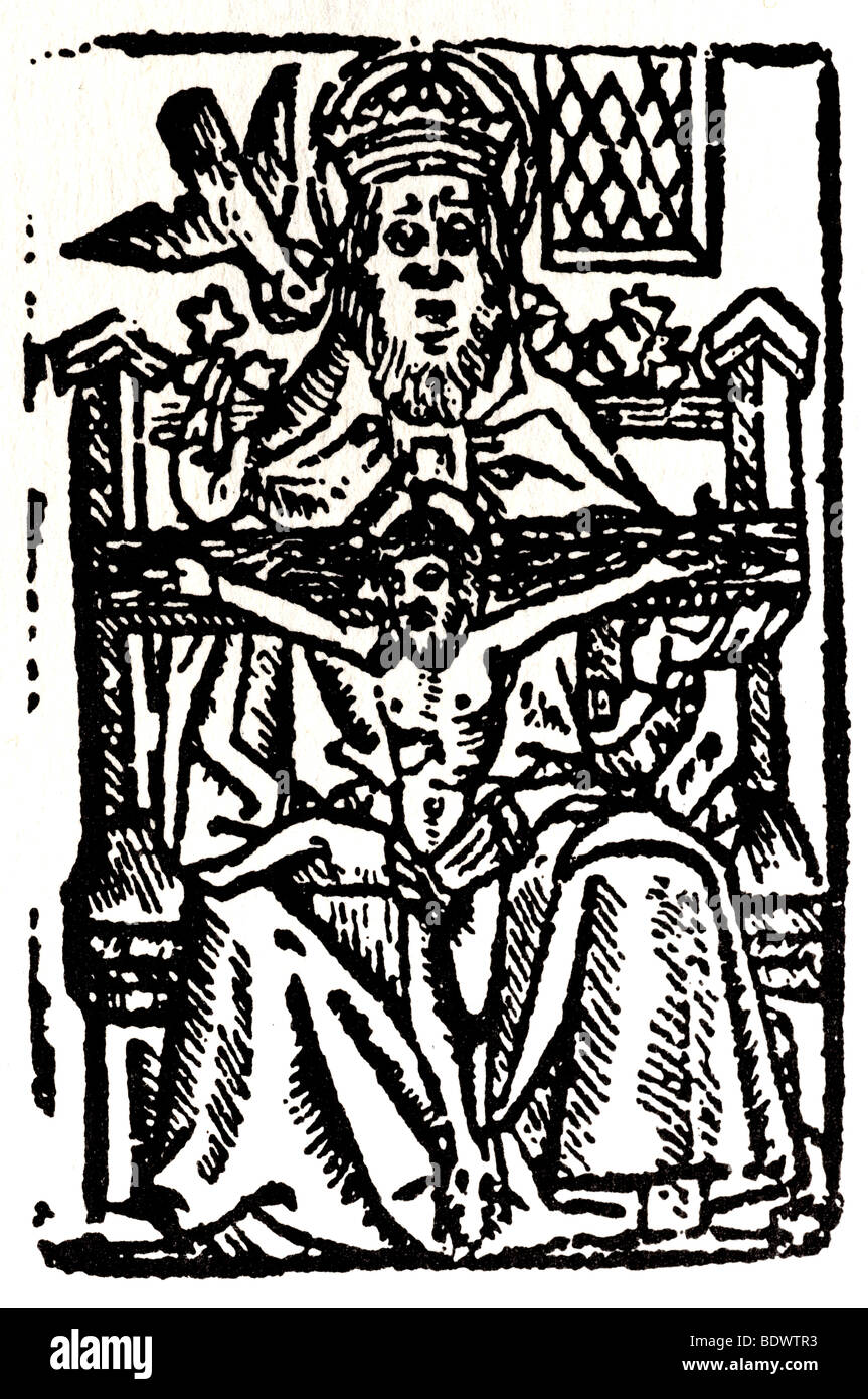 w Caxton 1531 19 Juni R Copland goldene Letany der Dreifaltigkeit Gott Vater trägt eine Krone und die doppelten Nimbus sitzt auf einem breiten Thr Stockfoto