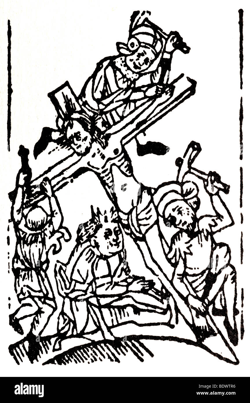 w Caxton 1490 St. Bonaventura Spekulum Vite Cristi die Kreuzigung Jesus mit durchleuchtet Nimbus ohne eine Felge auf einem Kreuz Plac gestreckt Stockfoto