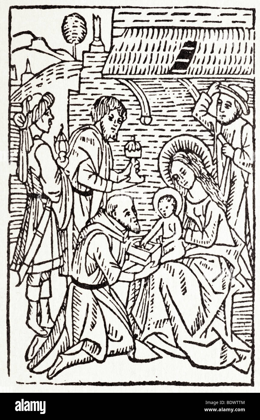 w de Worde 1511 drei Könige von Coleyne die Anbetung der Heiligen drei Könige mit Turban Schwert und ein weiterer Glatze und Bart auf seinem Geschenk Stockfoto