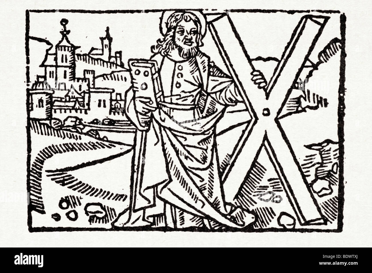 w de Worde 1512 15 feb Voragine Jacobus de Legenda Aurea St Andrew Nimbed seinen Kopf wandte sich rechts hält ein Buch in Hallo Stockfoto