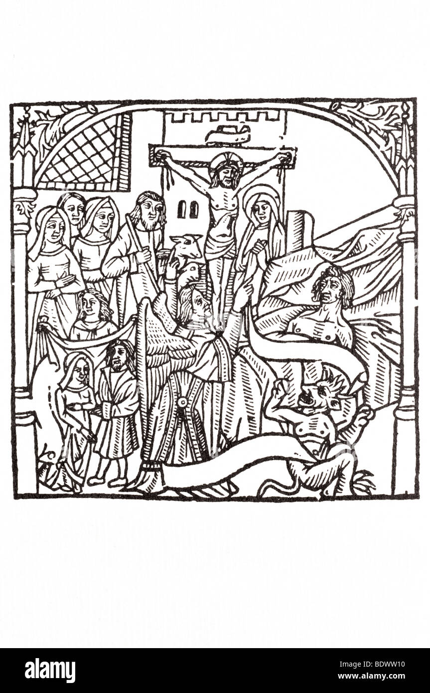 w kann de Worde 1530 28 Xii Profytes Tribulacyon Gewinne des Leidens eine Schriftrolle eine kleine Frau und Mann ein Engel mit einem Tuch t Stockfoto