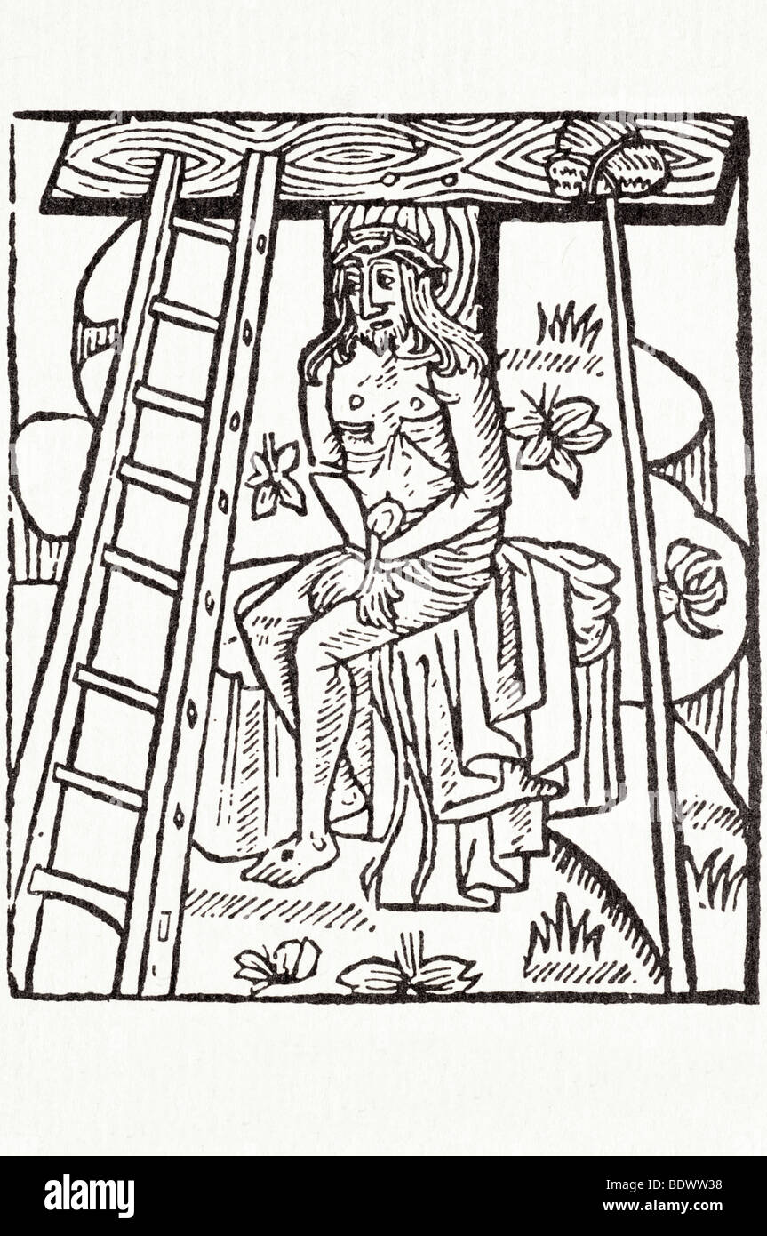 w de Worde 1525 7 oct Ryckes Johannes BYLD Loue Bild des Mitleids Jesus trägt eine Krone aus Dornen aber keine Nimbus seine Hände gefesselt Sitz Stockfoto