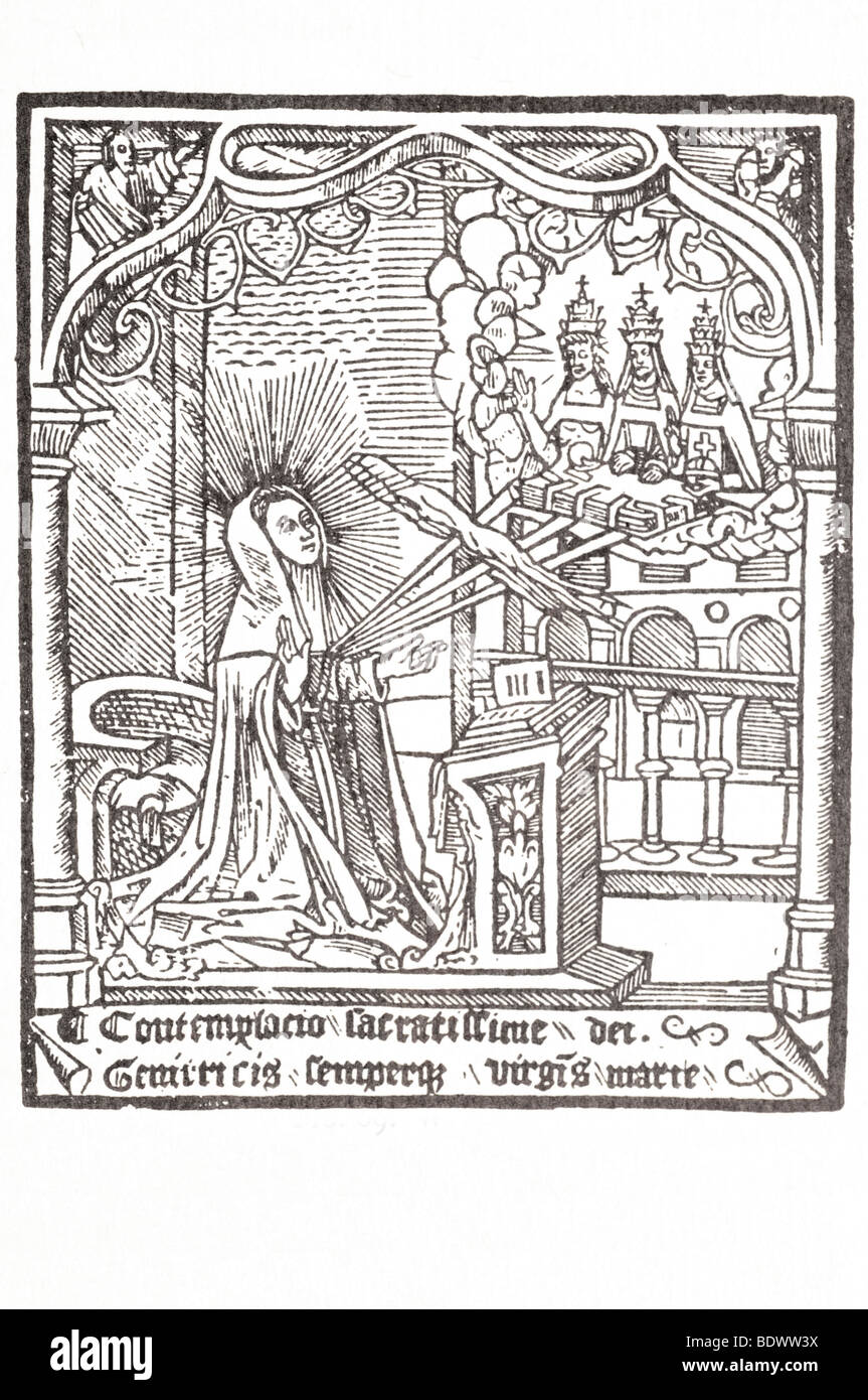 w de Worde 1520 20 nov Dyetary von geisterhaften Helthe ein Mönch in einem doppelten Nimbus wandte seinen Kopf das Recht einen Stab in seine Righ Stockfoto