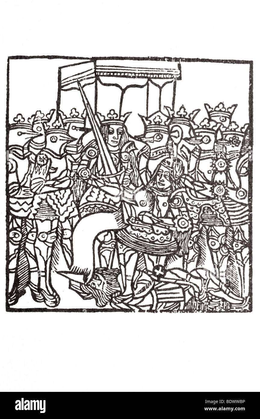 w de Worde 1513 Zerstörung von Jerusalem vier Könige in Rüstung gekrönt geschlossen tragen wies einer Königin in Rüstung Visiere ein Schwert-Ov Stockfoto