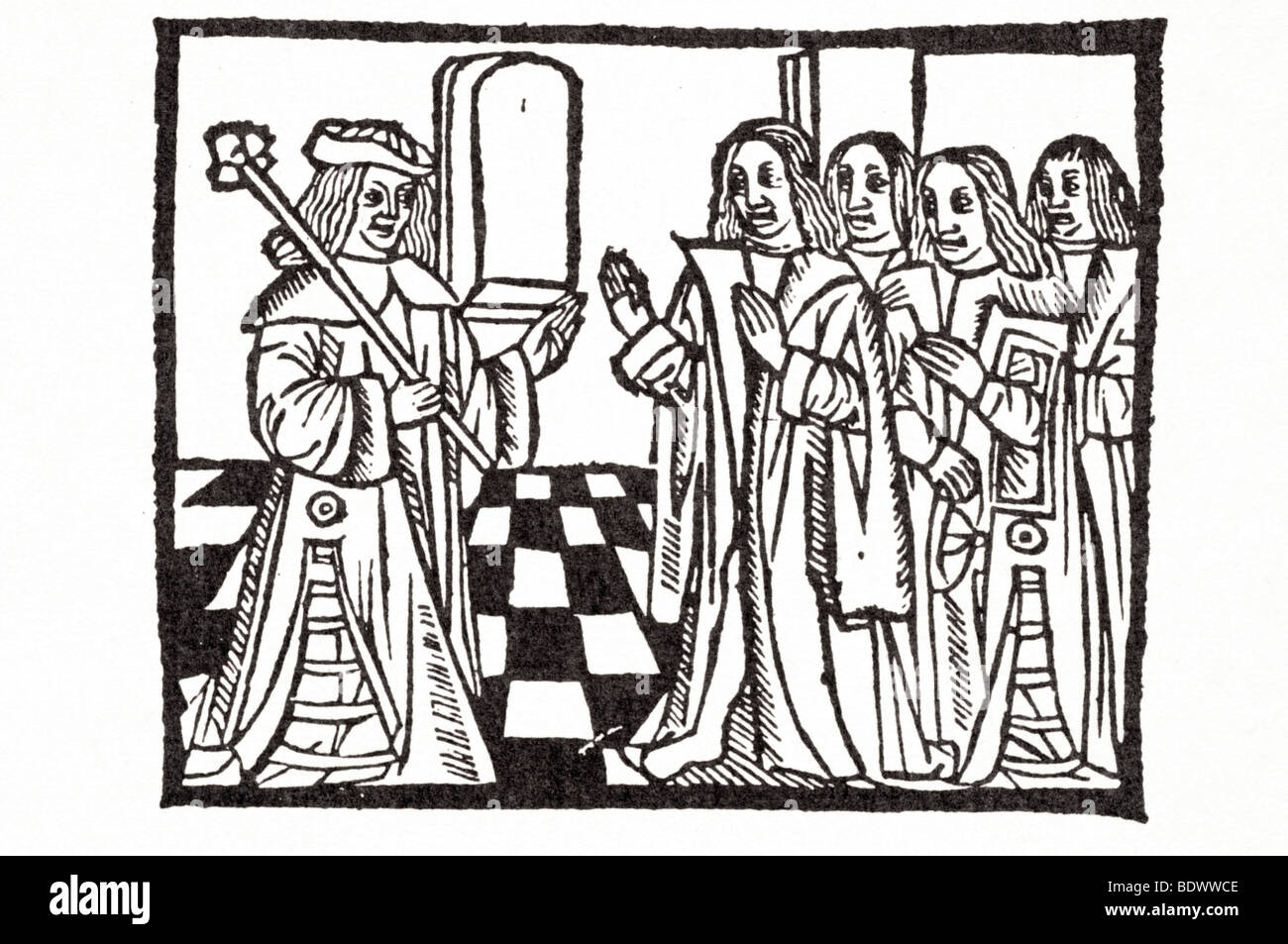 w de Worde 1510 die Geschichte von Jakob und seine zwölf Söhne ein König mit einem Zepter, aber keine Krone empfangen vier barhäuptig Höflinge eine Stockfoto