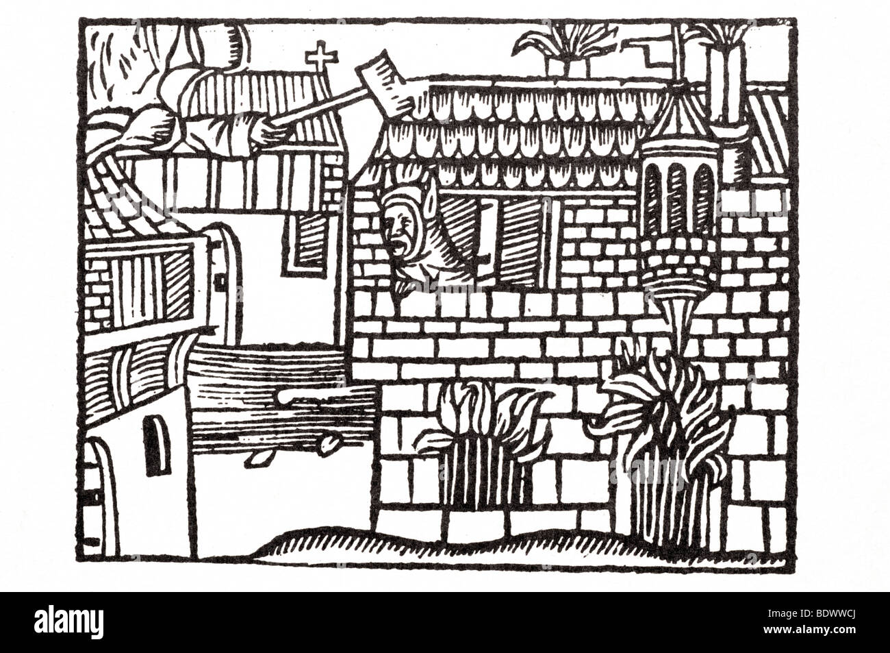 w de Worde 1517 Robert der Teufel ein Haus und eine Kirche eine Hand aus einer Wolke an der Spitze ein Narr, der ye ist einen Hammer nach unten schwenken Stockfoto