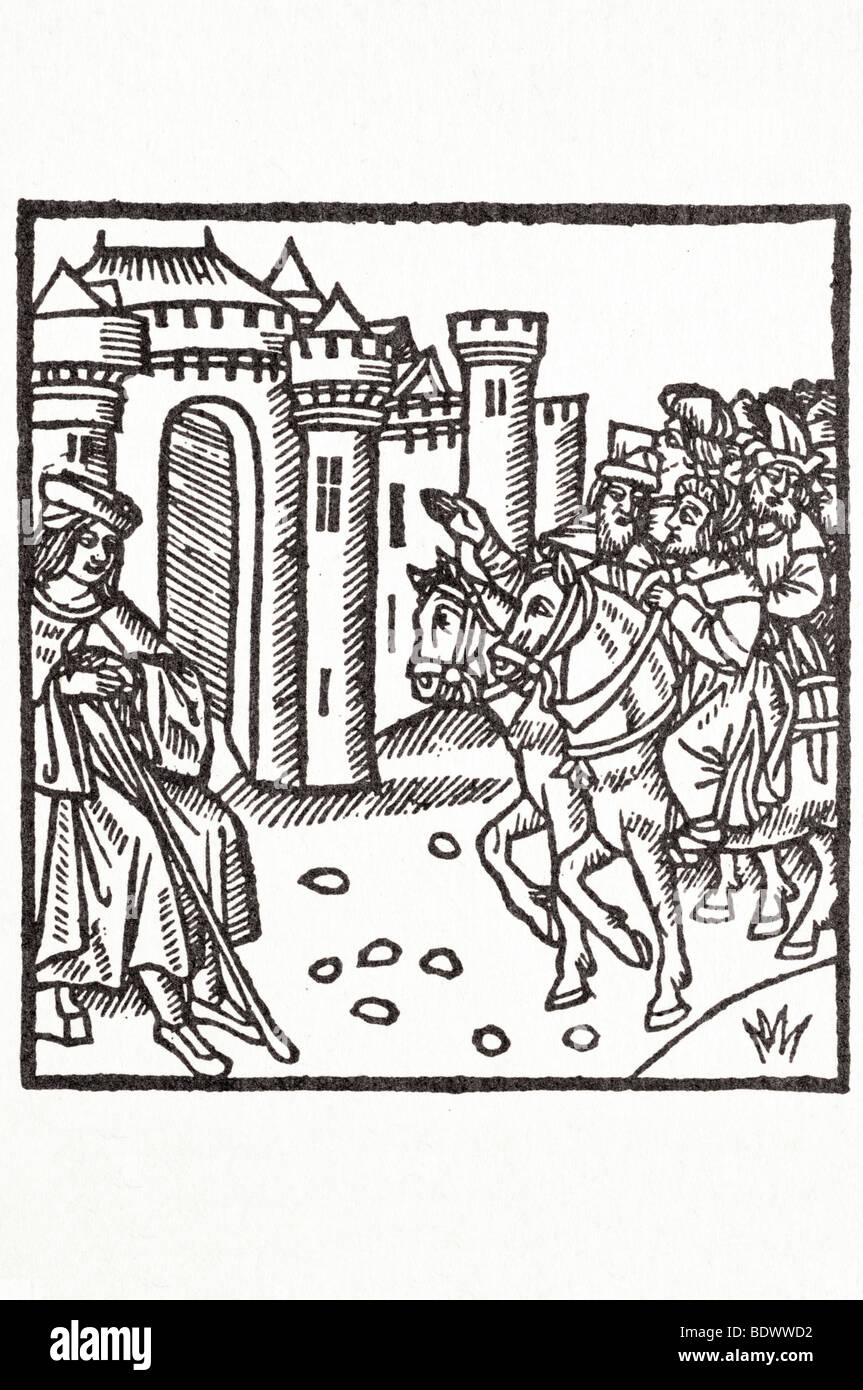 w de Worde 1515 Cronicles von England ein Mann hält einen Stab eine Schar von Reitern nähert sich zwei Pferde und sechs bärtige Gesicht sitzen Stockfoto