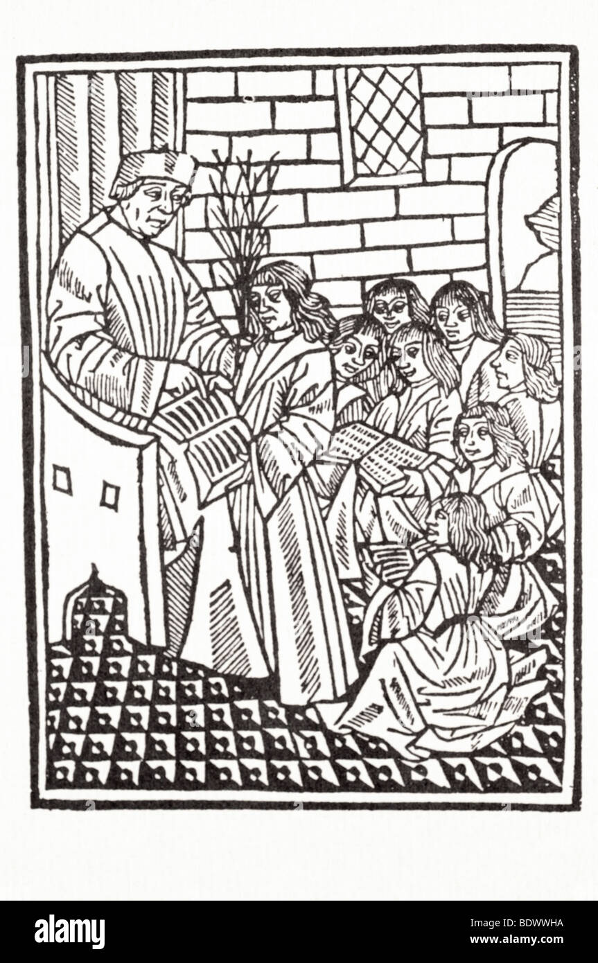 R Pynson 1497 Expositio Hymnorum Secudum Vsum Saru ein Schulmeister sitzt einer Birke in der linken Hand seinen rechten Zeigefinger auf eine op Stockfoto