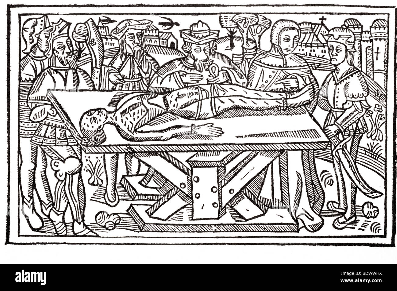 R Pynson 1527 21 Februar Giovanni Boccaccio fallen von drei Soldaten und drei Bürger stolz keine Spikes vor Plattform Stockfoto