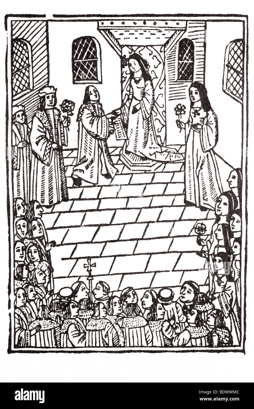 R Pynson 1508 Carmelianus Petrus Petri Carmeliani Carmen achtundzwanzig Höflinge und Mönche sechs Damen 1 mit Marguerite zwei Cou Stockfoto