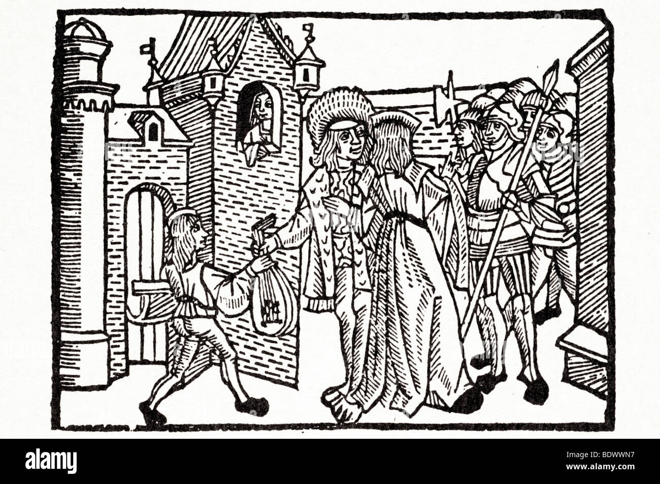 R Pynson 1513 Zerstörung Jerusalems eine Seite mit einer Leier unter seinem Arm eine laute von Höfling eine Frau in einem Fenster ein c erhalten Stockfoto
