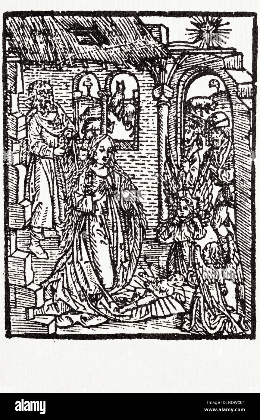 j Siberch 1521 Galen Claudius de Temperamentis der Geburt Joseph Maria ohne Nimbus kniend in der Anbetung das Kind Jesus in Stockfoto