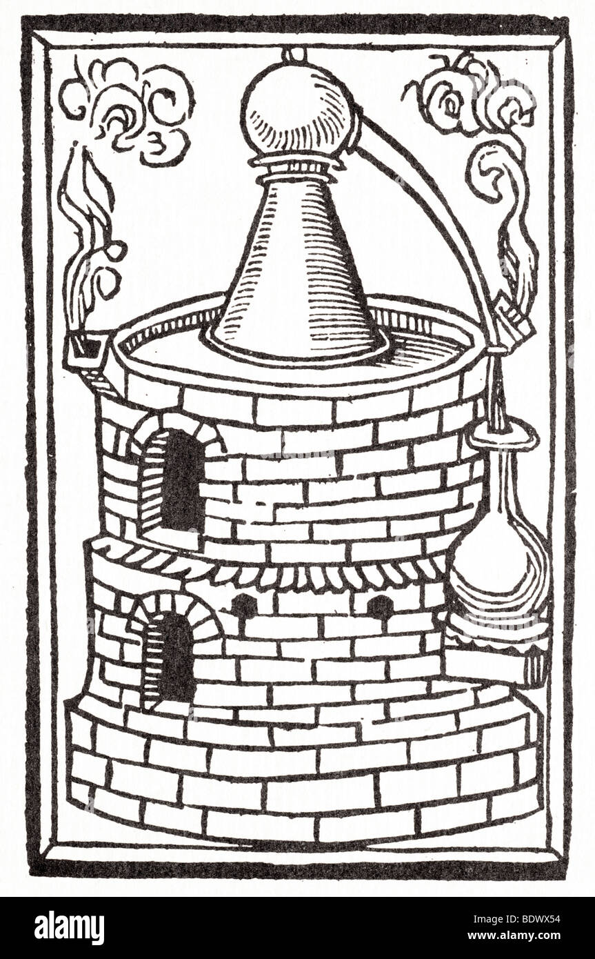 p Treveris 1527 18 Apr Hieronymus von Braunschweig Boke Distyllacyon eine Runde Ofen mit zwei Fenstern Flüssigkeit Gießen von c Stockfoto