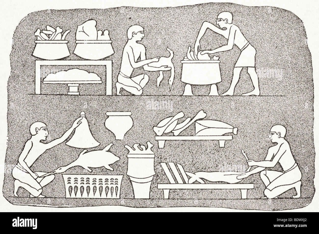 Ägyptische Küche zeigt Prozesse der Zubereitung von Speisen Stockfoto
