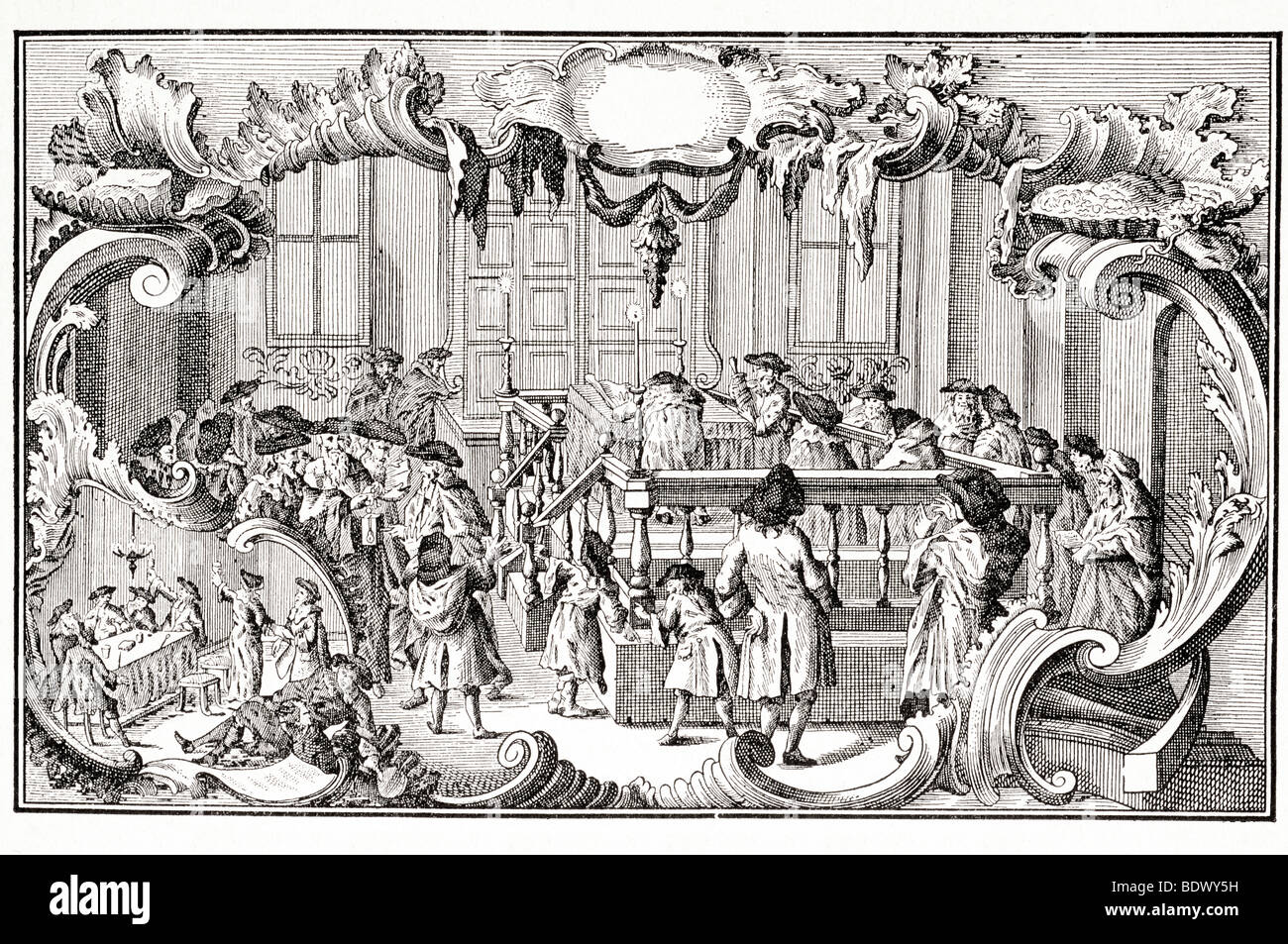 Begehung des Purim im deutschen Synagoge des achtzehnten Jahrhunderts Stockfoto