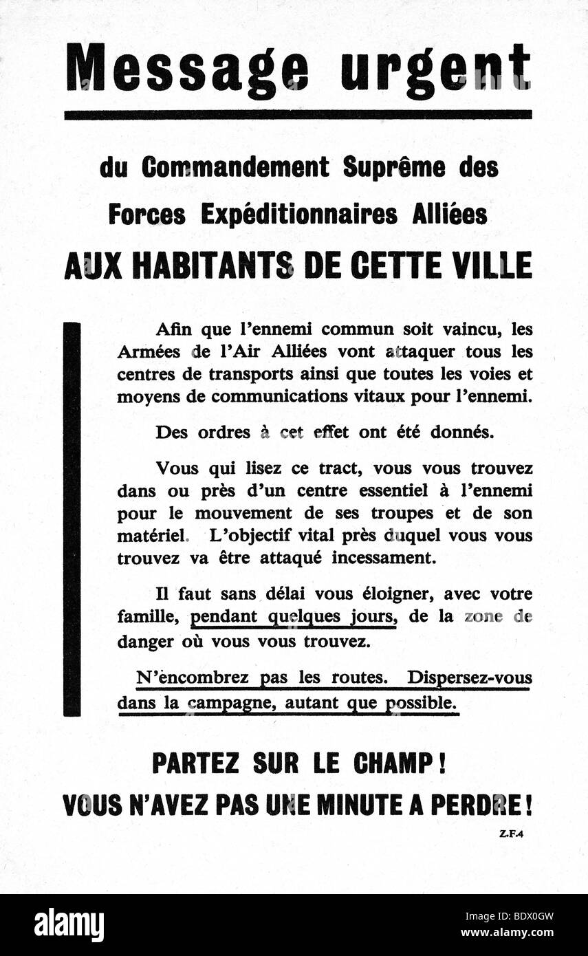D-Day 1944 Broschüre Gedroppt von alliierten Flugzeugen Warnung französischen Zivilisten, dass ihre Umgebung ins Visier genommen hat Stockfoto