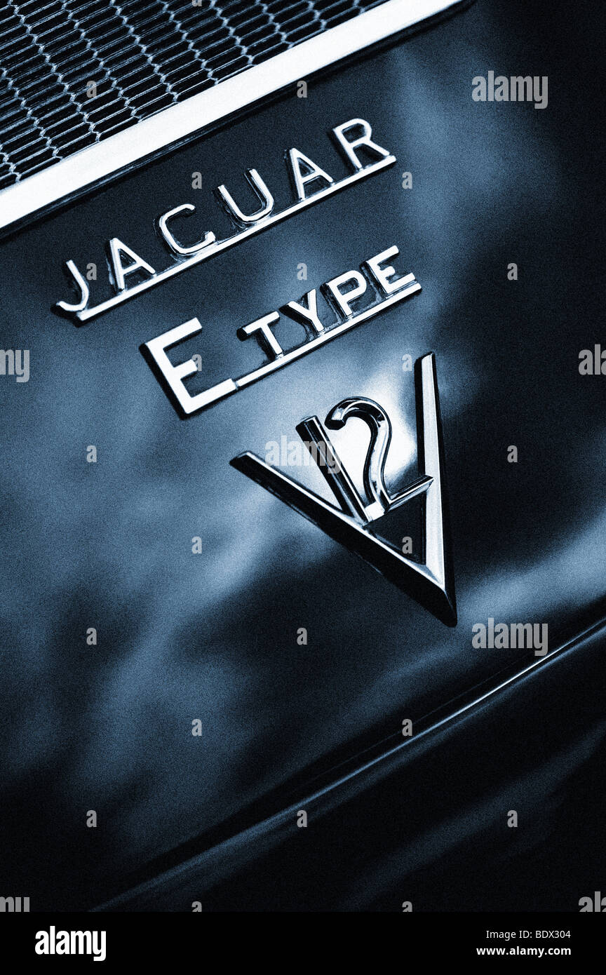 E-Type V12 Jaguar Badge. Klassische britische Sportwagen Stockfoto