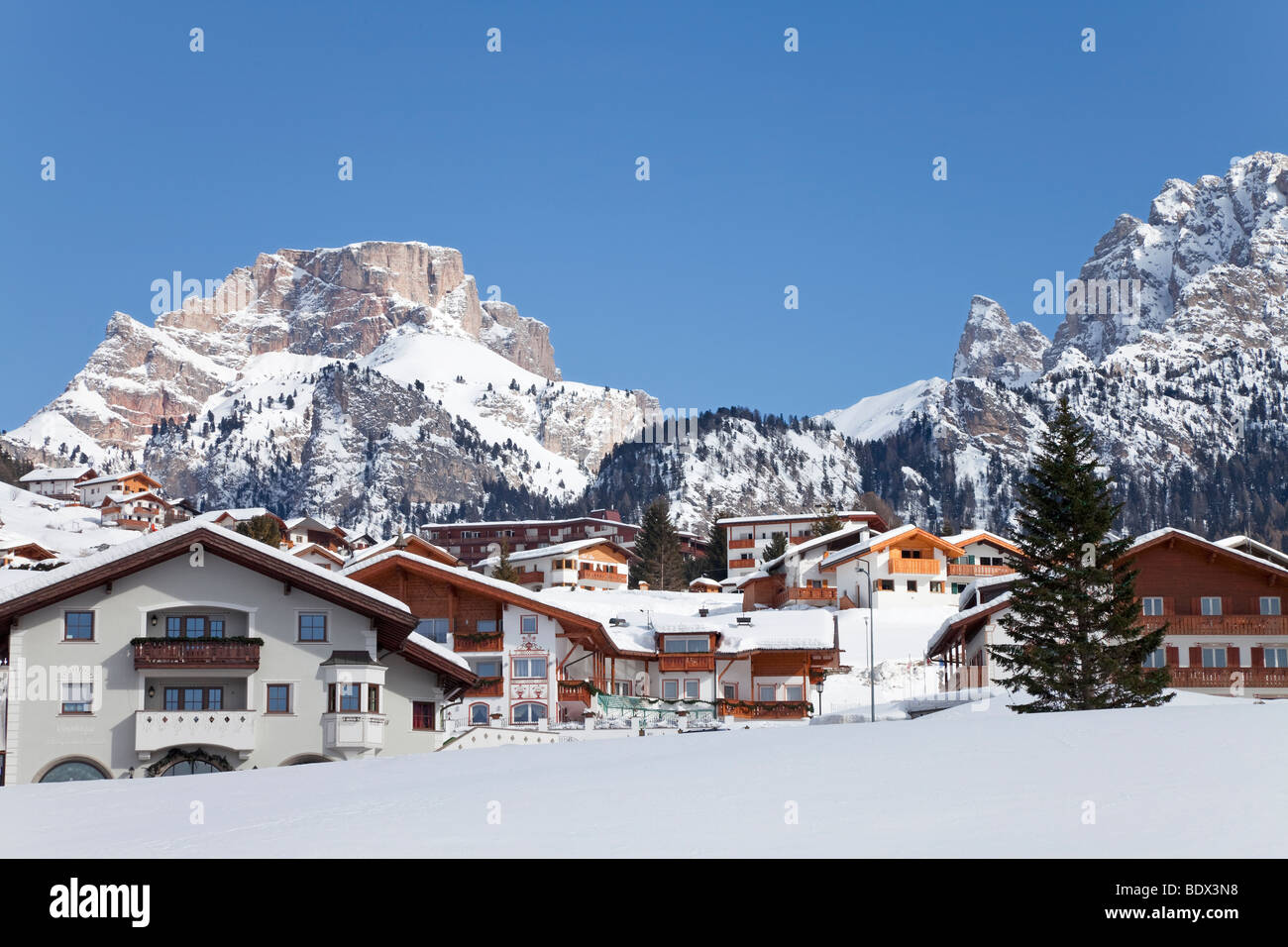 Selva Wolkenstein, Sella Ronda Skigebiet Val Gardena, Dolomiten, Südtirol, Trentino-Südtirol, Italien Stockfoto