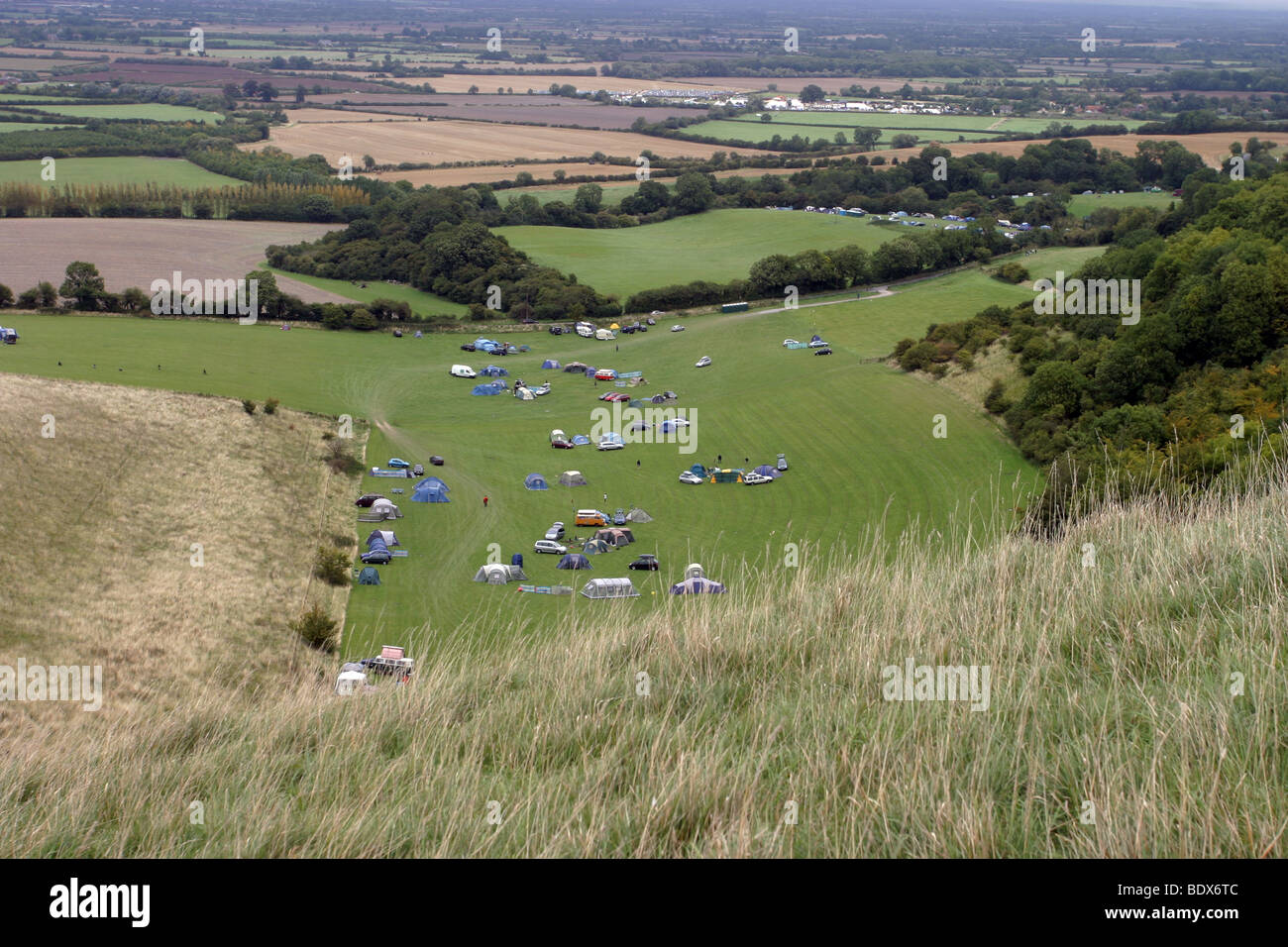 Blick auf Britchcombe Bauernhof Campingplatz in Uffington, Oxfordshire, England. Stockfoto