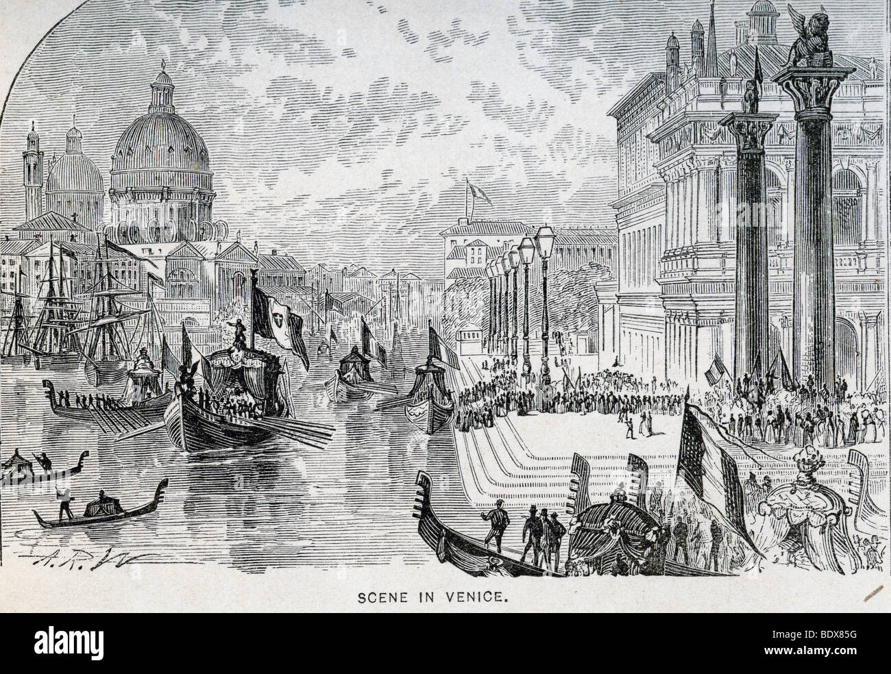 100 Jahre alte Lithographie - Szene in Venedig Stockfoto