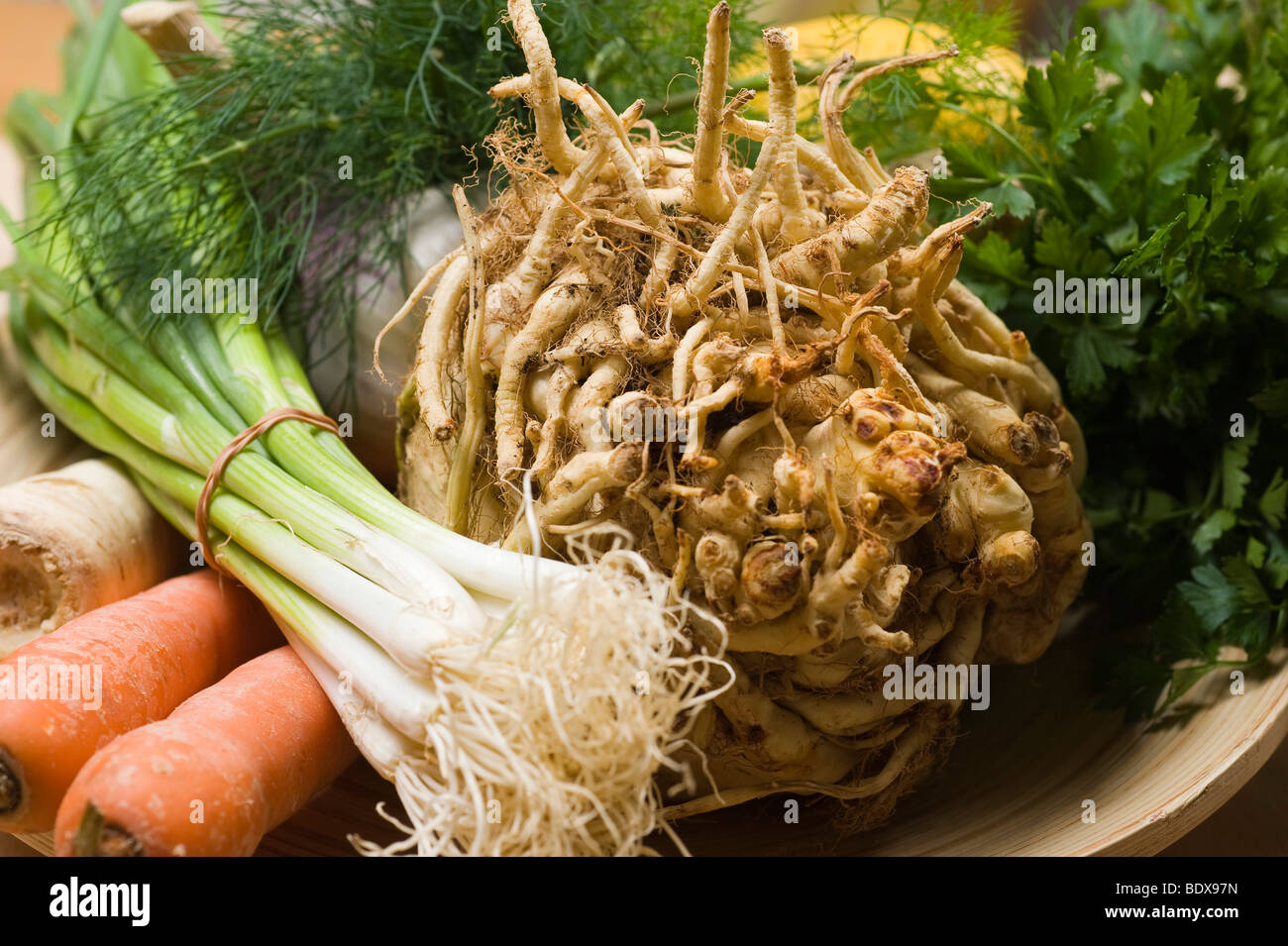 Gemüse und Kräuter, Karotten, Lauch, Sellerie, Knoblauch, Zitrone, Dill und Petersilie, die Zutaten für eine Suppe Stockfoto