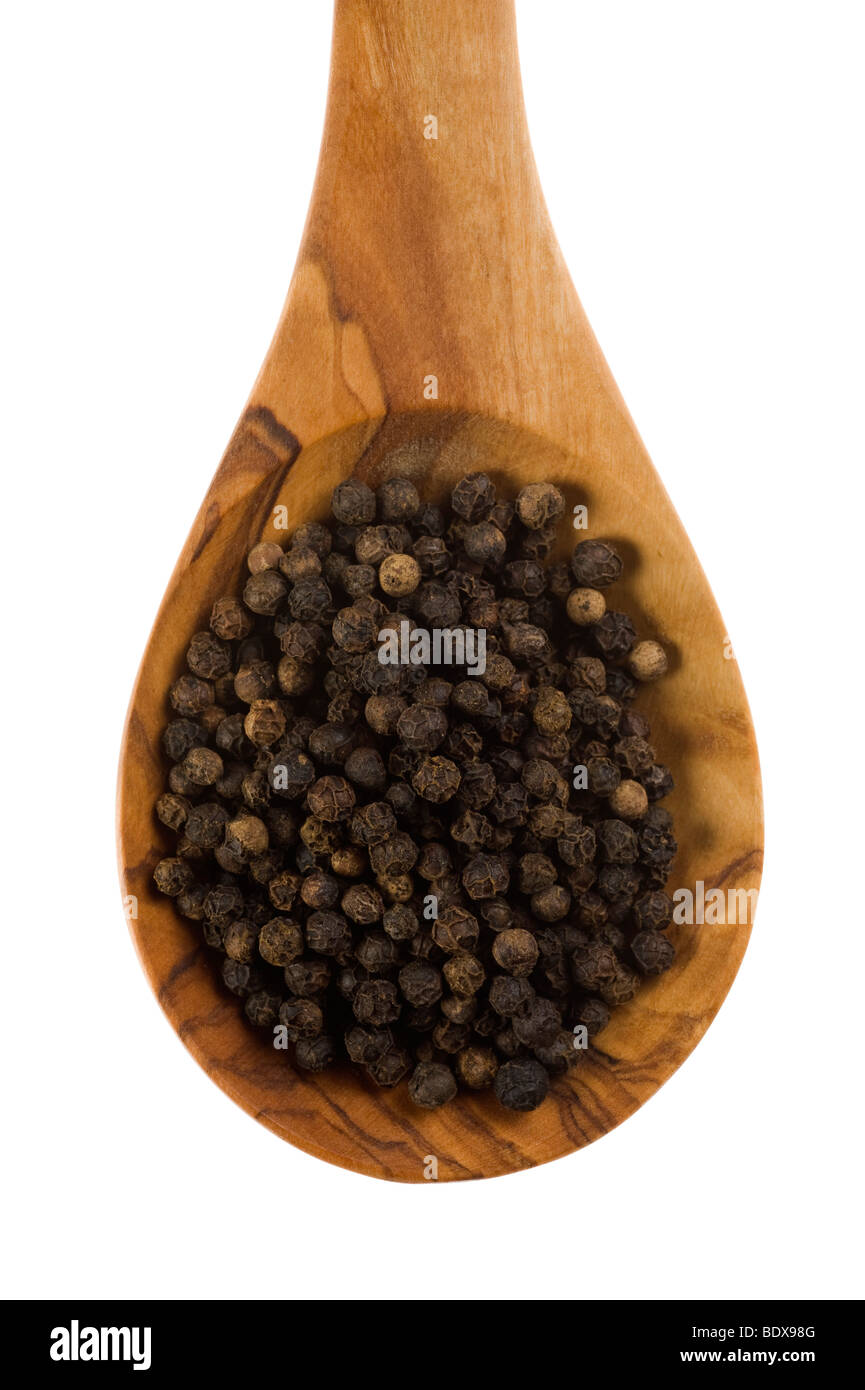 Schwarzer Pfeffer (Piper Nigrum) auf eine Olive Holz Löffel Stockfoto
