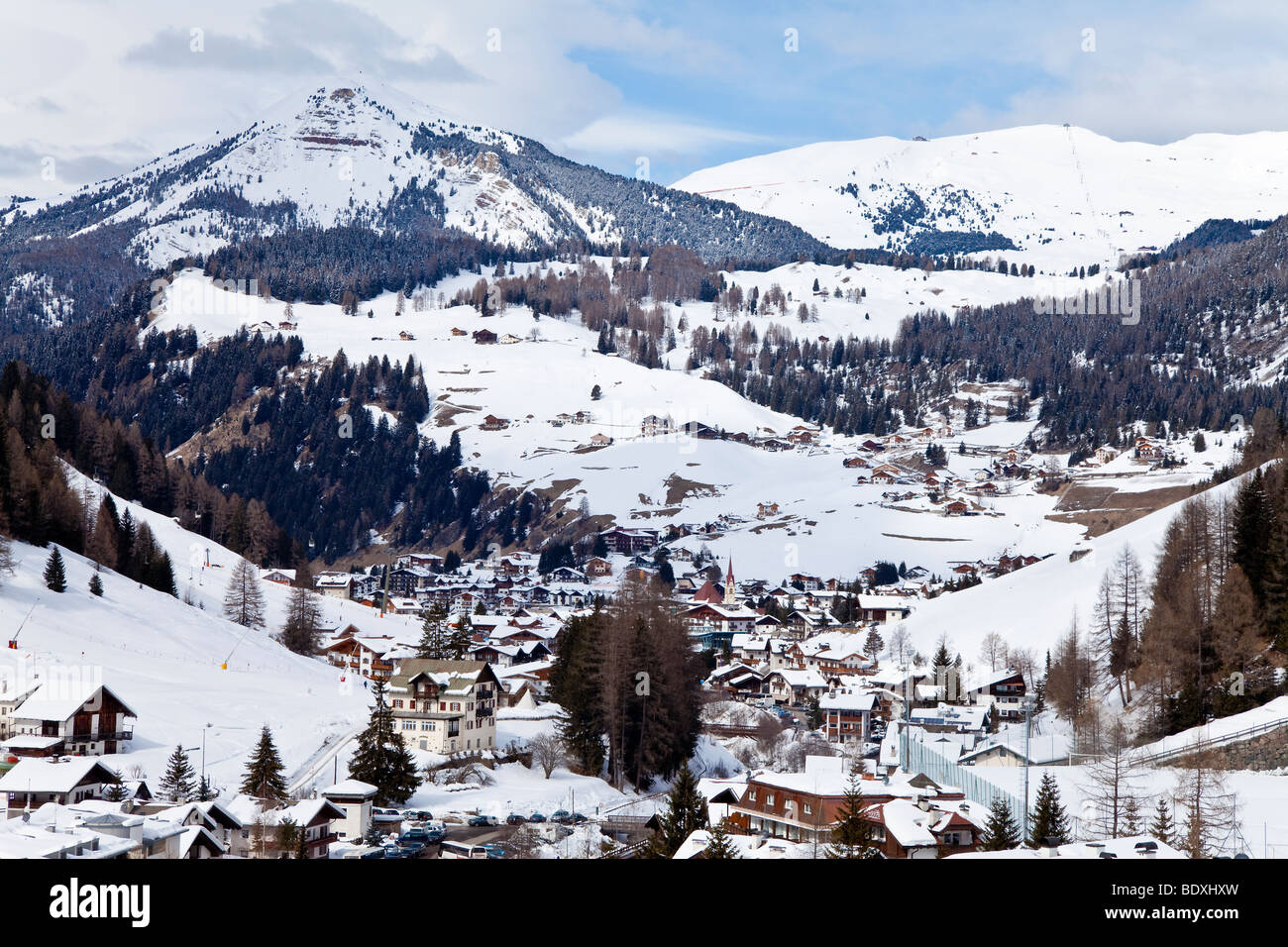 Selva Wolkenstein, Sella Ronda Skigebiet Val Gardena, Sella Massivs reichen, Dolomiten, Südtirol, Trentino-Südtirol, Italien Stockfoto