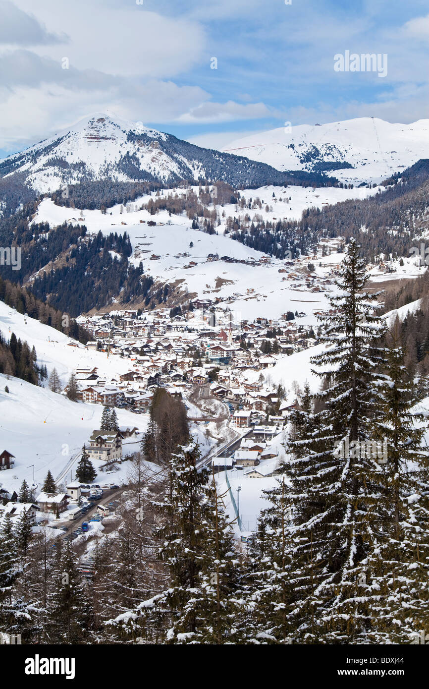 Selva Wolkenstein, Sella Ronda Skigebiet Val Gardena, Sella Massivs reichen, Dolomiten, Südtirol, Trentino-Südtirol, Italien Stockfoto