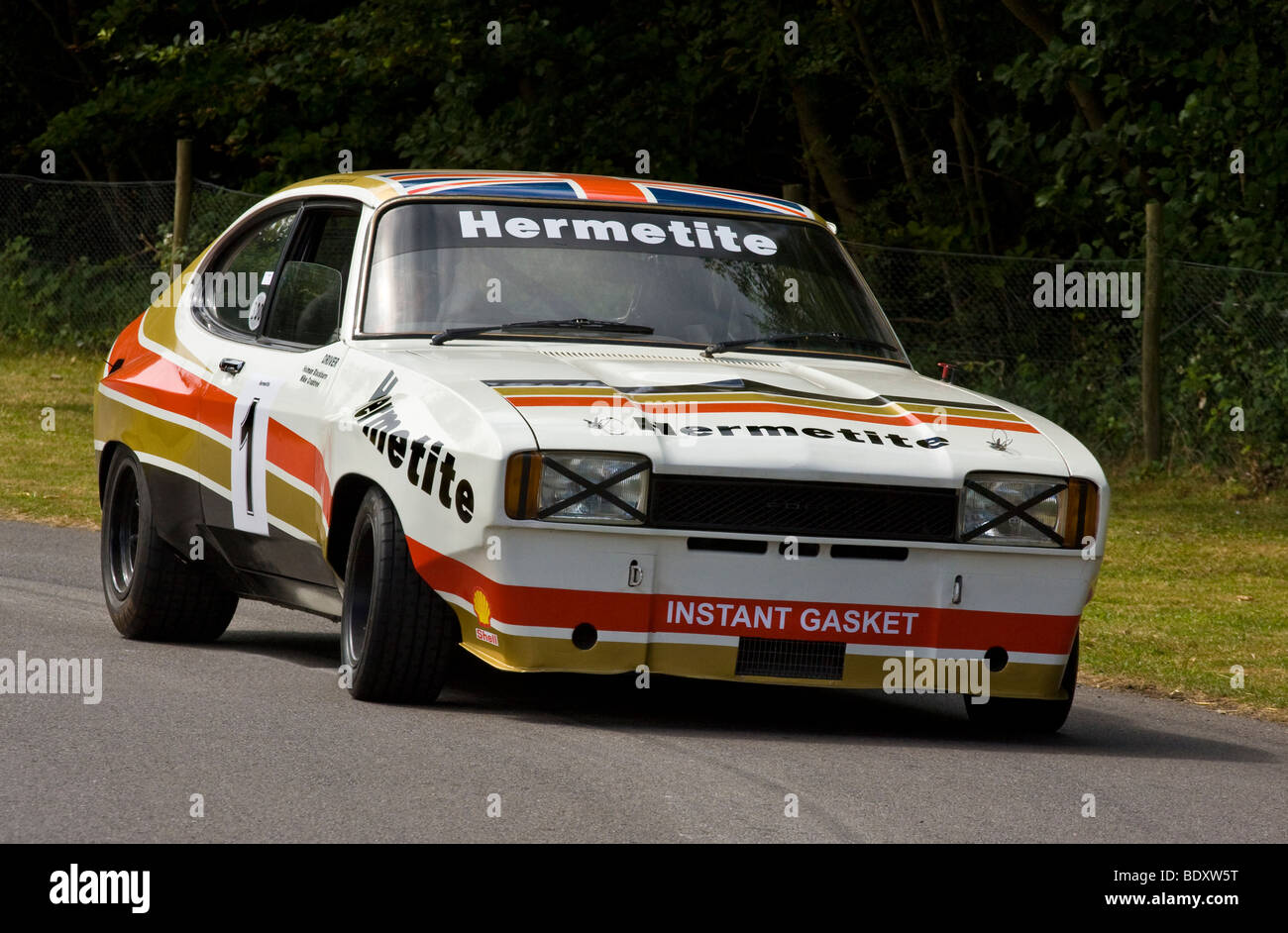 1974 Hermetite Ford Capri Mk2 3000 GT mit Fahrer Holman Blackburn beim Goodwood Festival of Speed, Sussex, UK. Stockfoto