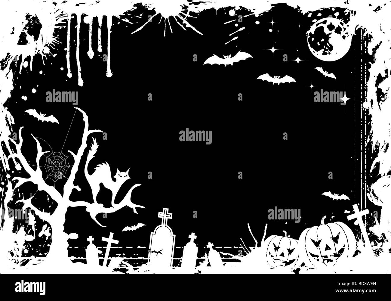 Grunge Halloween Rahmen mit Kürbis, Fledermaus Stockfoto