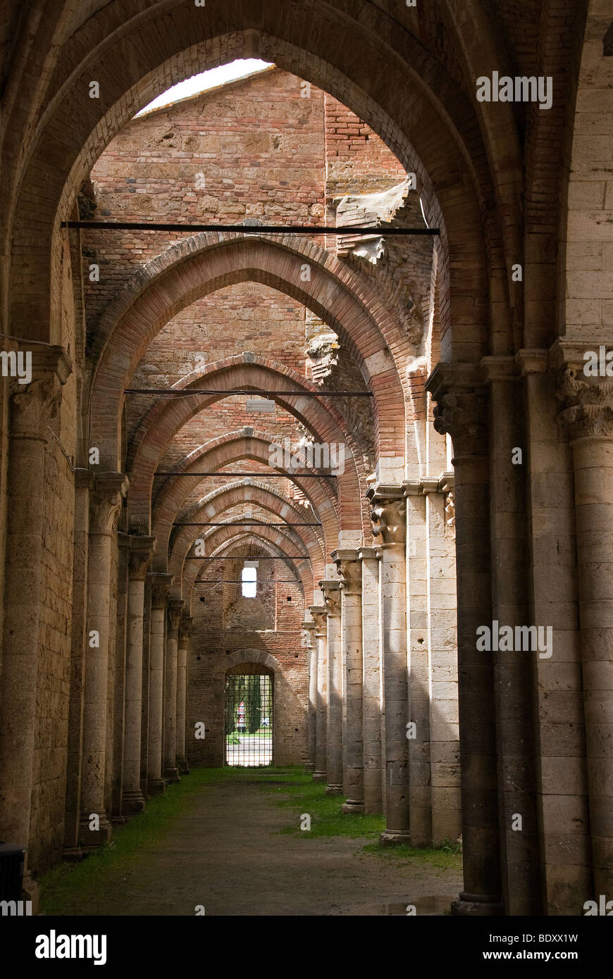 San Galgano im 12. Jahrhundert Abtei gegründet von Französisch Zisterzienser-Mönche in der Nähe von Siena, jetzt mit dem Dach eingestürzt. Stockfoto