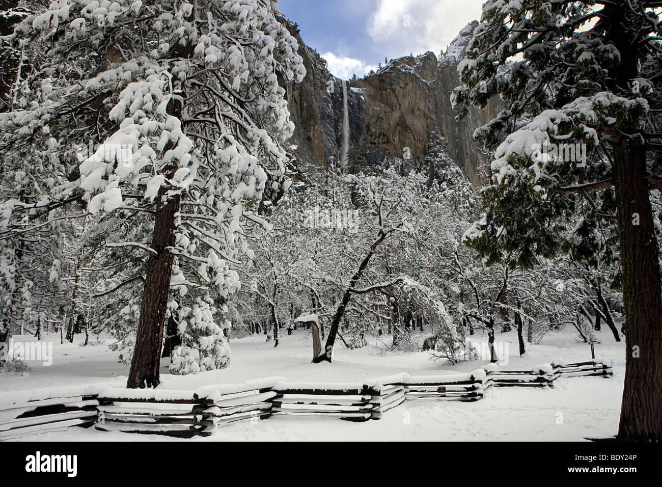 Ein Clearing-Sturm offenbart die Schönheit der Bridalveil Falls und das Yosemite Tal, Yosemite-Nationalpark, Kalifornien, USA. Stockfoto