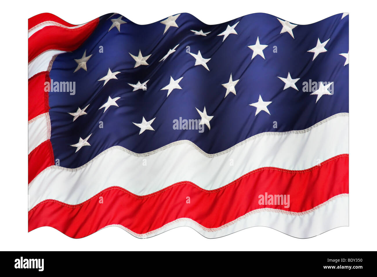 Eine amerikanische Flagge, die isoliert auf weißem Hintergrund. Stockfoto