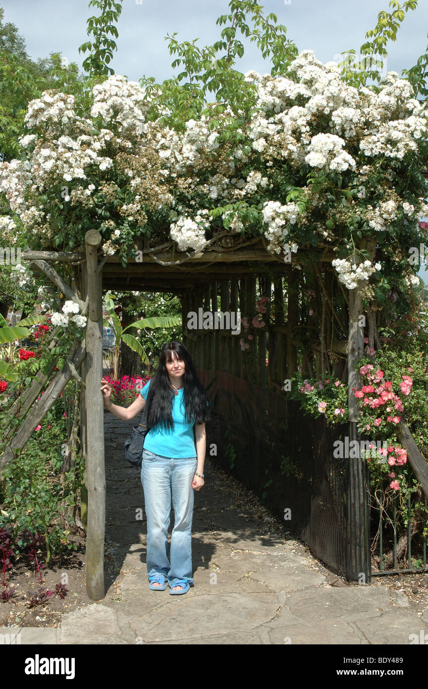 Frau stehend unter rose Bower, Christchurch, Dorset, England, UK Stockfoto