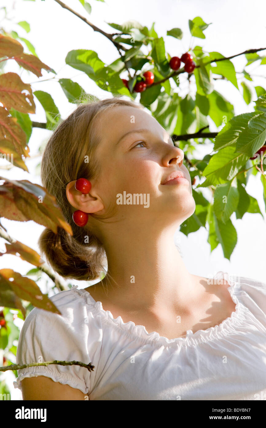 Mädchen pflücken Kirschen am Baum Stockfoto