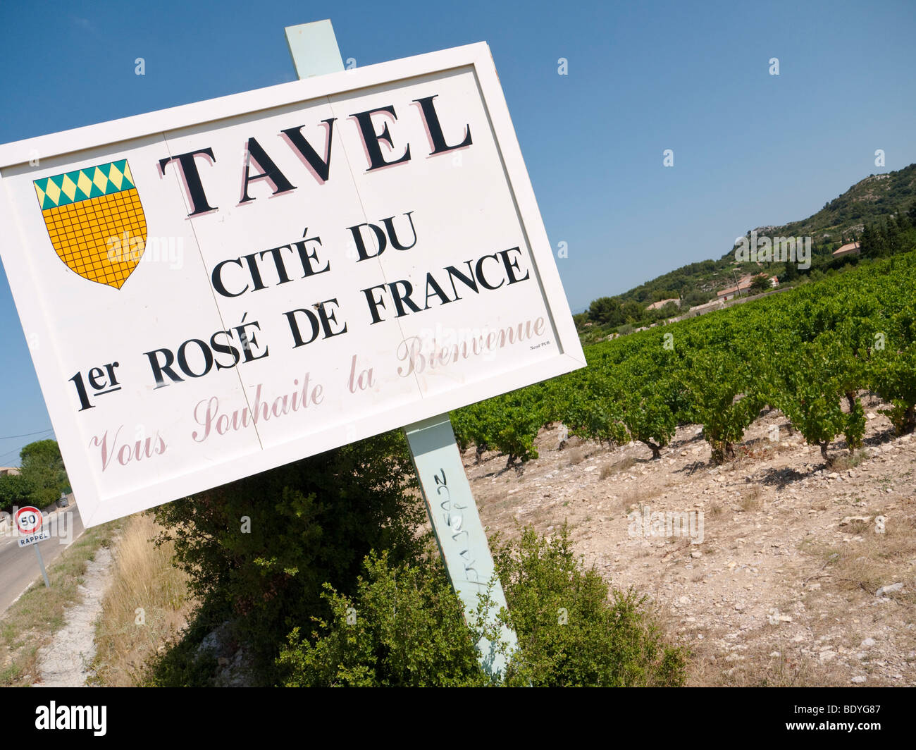Ein Schild neben einem Weinberg wirbt damit, dass die berühmten Weine von Tavel rosé. Stockfoto