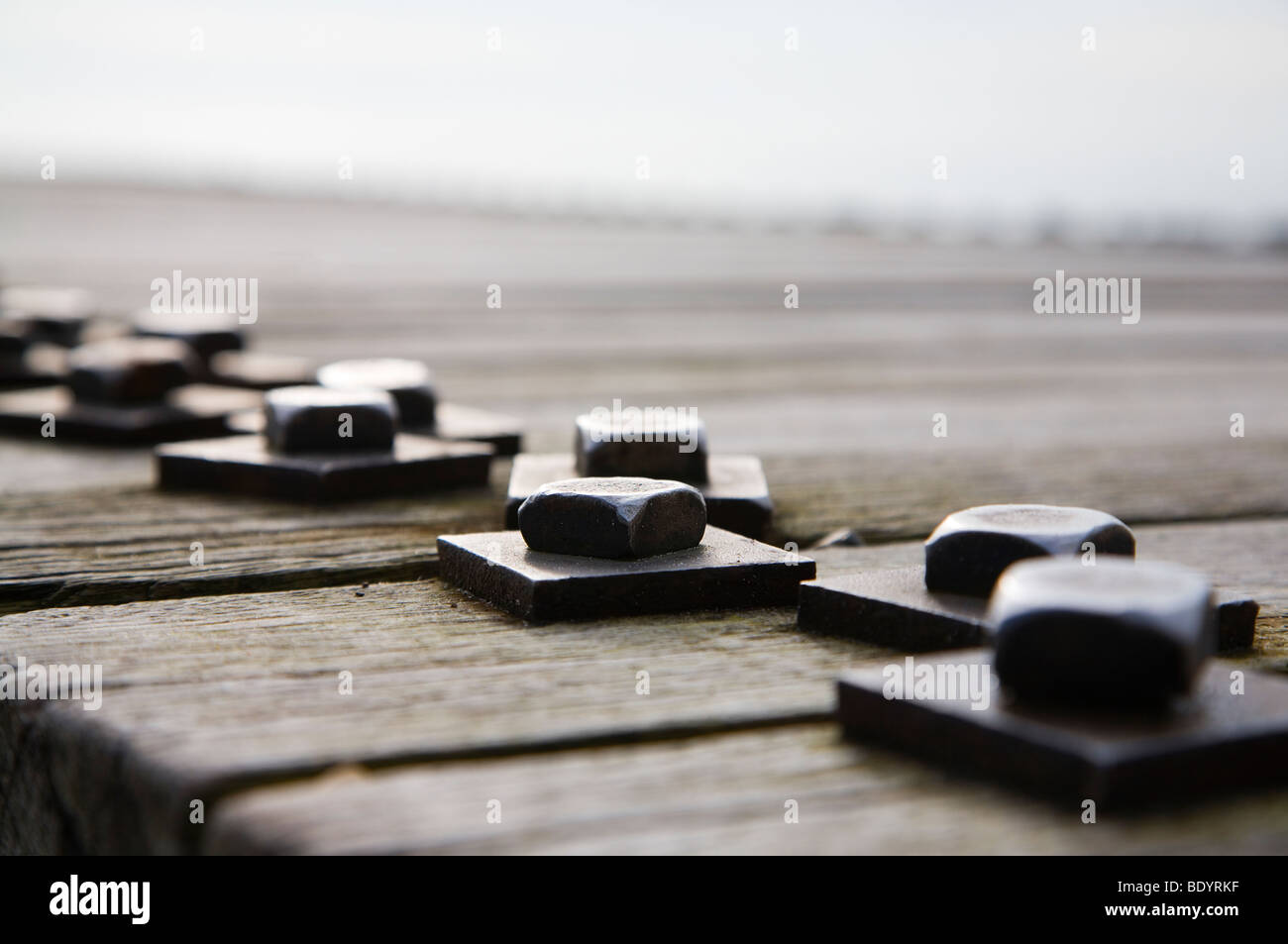 Eine Linie von Schrauben und Muttern ein Holzsteg zusammenzuhalten. Stockfoto