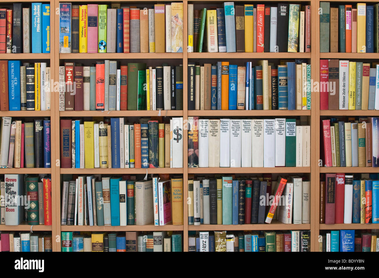 Bücherregal gefüllt bis zum Rand, Buchmarkt Stockfoto