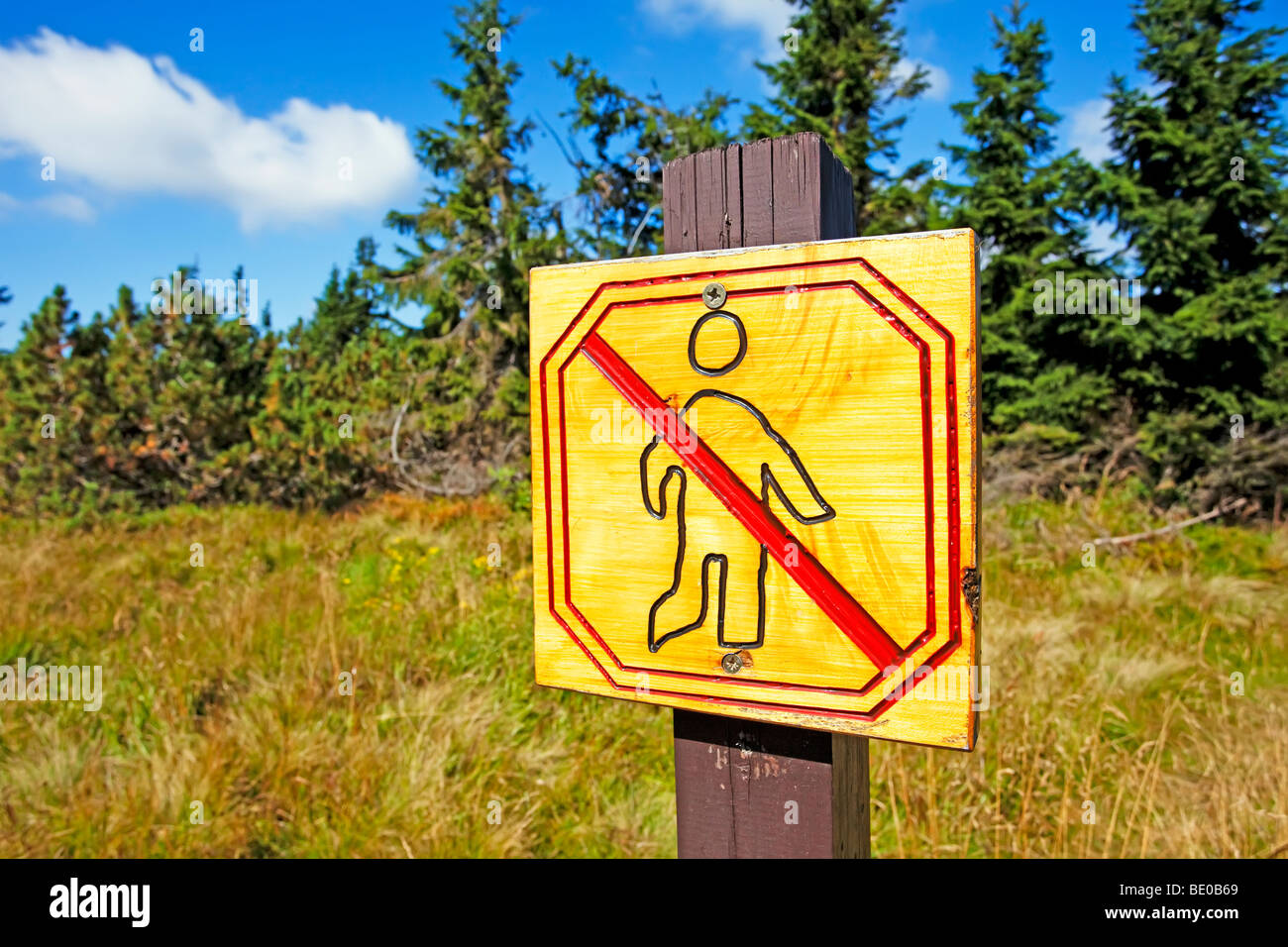 Ein Warnschild mit einem Piktogramm einer Person, die zu Fuß geht, mit einer auffälligen roten Linie, die darauf hinweist, dass kein Fußgänger Zugang hat, vor einem Hintergrund Stockfoto