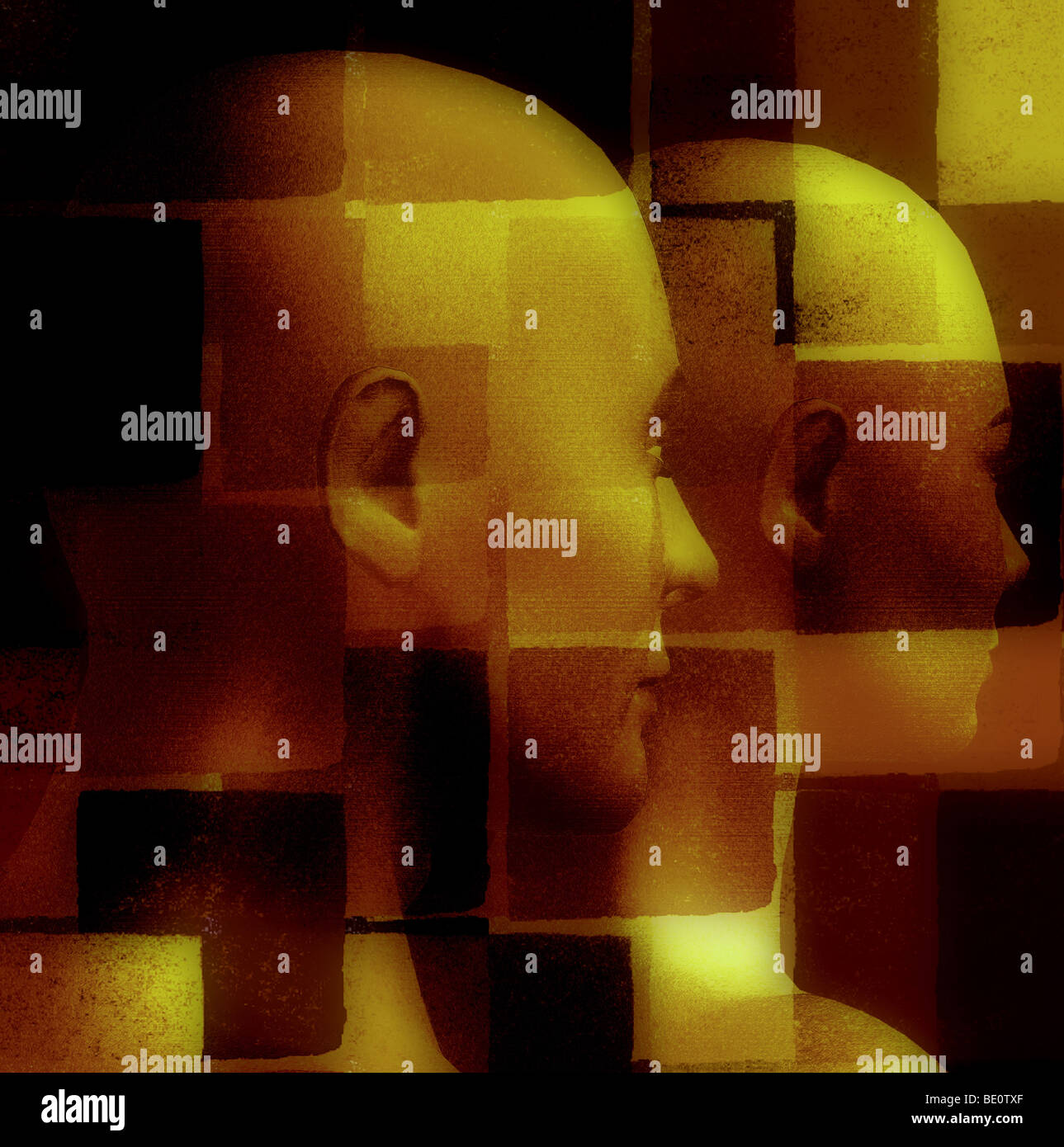 Männliche und weibliche Figuren und geometrischen Muster. 3D Computer generierte Abbildung. Stockfoto