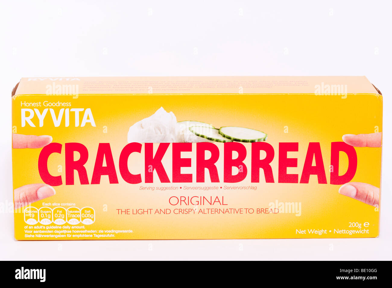 Eine Nahaufnahme eines Pakets von low fat Knäckebrot Crackerbread original auf weißem Hintergrund Stockfoto