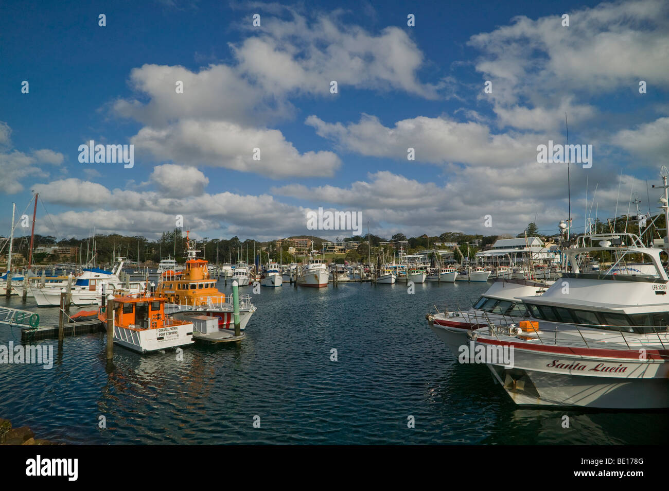 Australien, New South Wales, North Coast, Port Stephens, Nelson Bay Harbour view Stockfoto