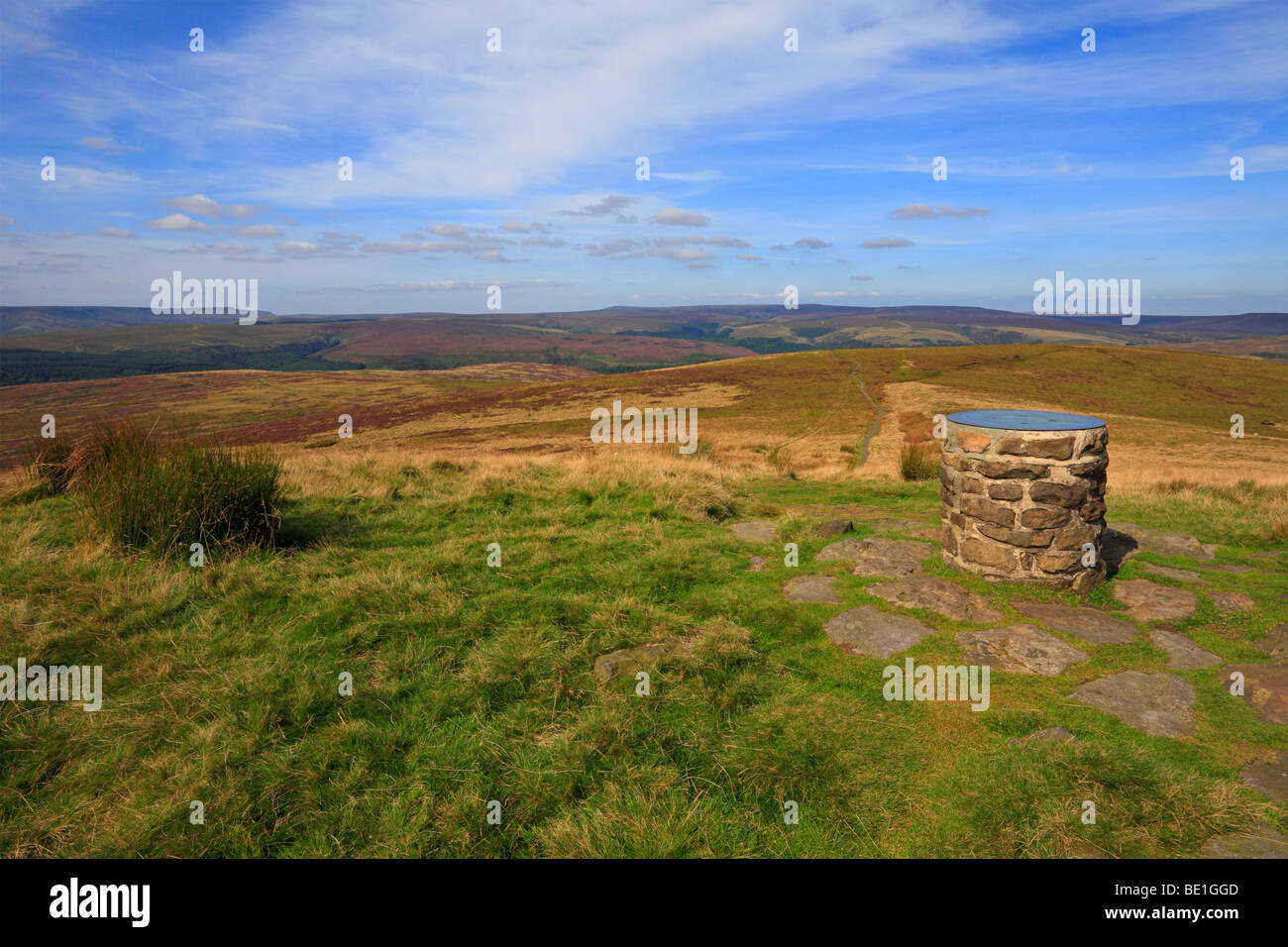 Toposcope Memorial auf verloren gegangenen Kop Gipfel im oberen Derwent Valley in Richtung Kinder Scout und Bleaklow, Derbyshire Peak District National Park England UK. Stockfoto
