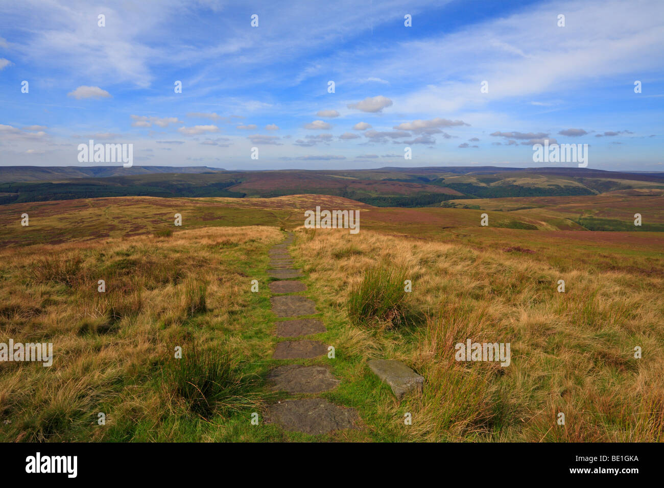 Gepflasterter Fußweg in der oberen Derwent Valley in Richtung Kinder Scout und Bleaklow, Derbyshire, Peak District National Park, England, UK. Stockfoto