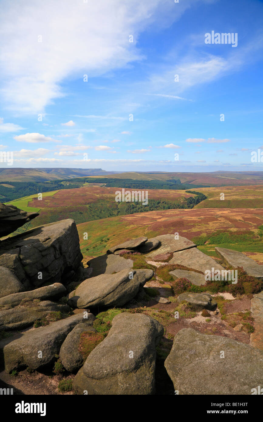 Obere Derwent Valley in Richtung Kinder Scout und Bleaklow, Derbyshire, Peak District National Park, England, UK. Stockfoto